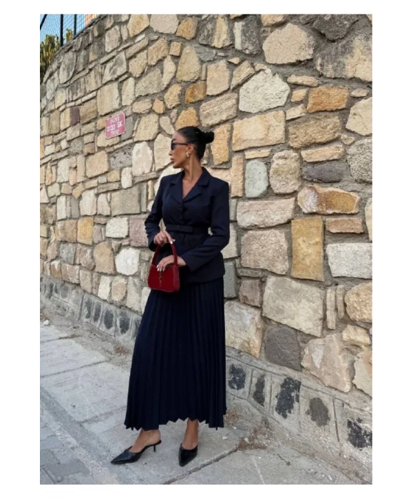 Kadın Belden Kemerli Şık Takım-Blazer&Piliseli Etek