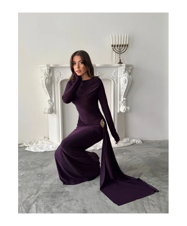 Kadın Drapeli Vücudu Saran Asimetrik Detaylı Uzun Zarif Elbise