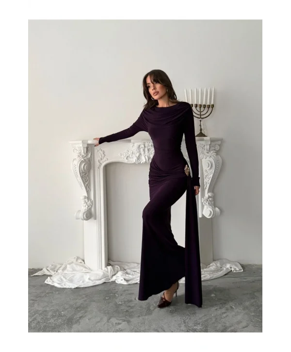 Kadın Drapeli Vücudu Saran Asimetrik Detaylı Uzun Zarif Elbise