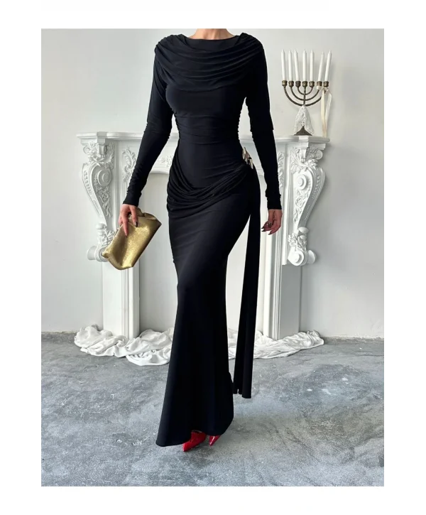 Kadın Drapeli Vücudu Saran Asimetrik Detaylı Uzun Zarif Elbise