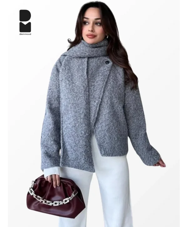 Kadın Gri Atkılı Düğmeli Marka Model Kışlık Mont