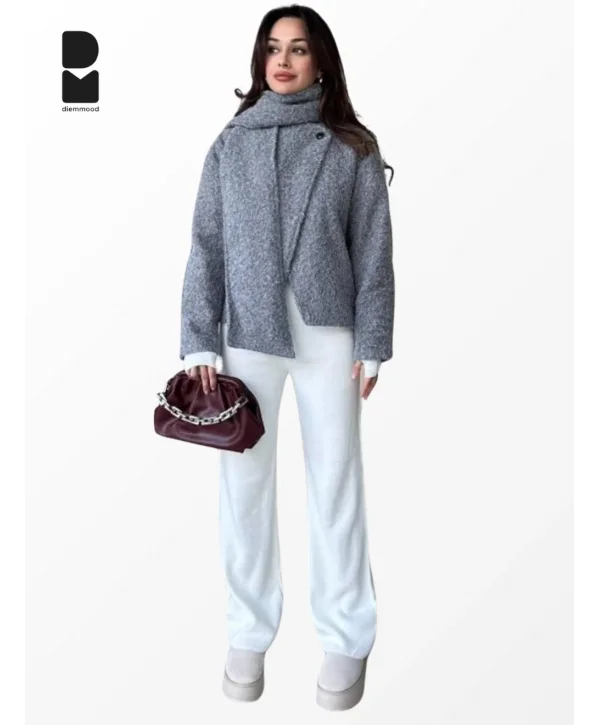 Kadın Gri Atkılı Düğmeli Marka Model Kışlık Mont