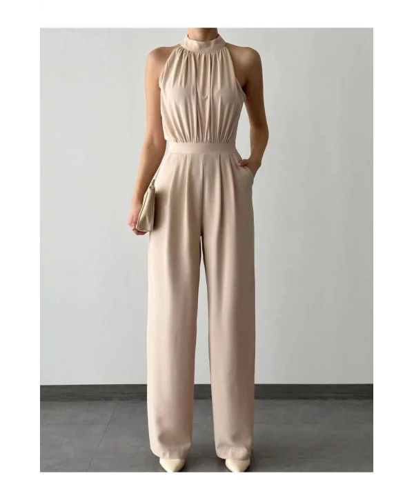 Kadın Halter Yaka Krep Kumaş Tulum