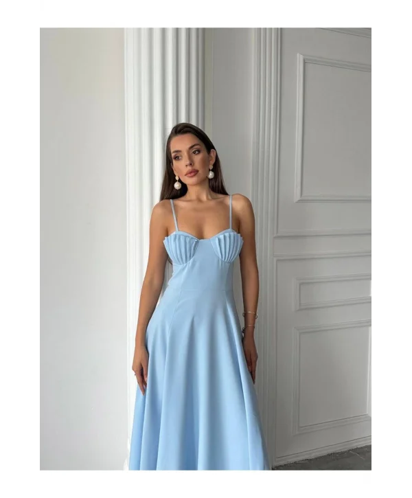 Kadın İstiridye Göğüs Detaylı Uzun Askılı Elbise