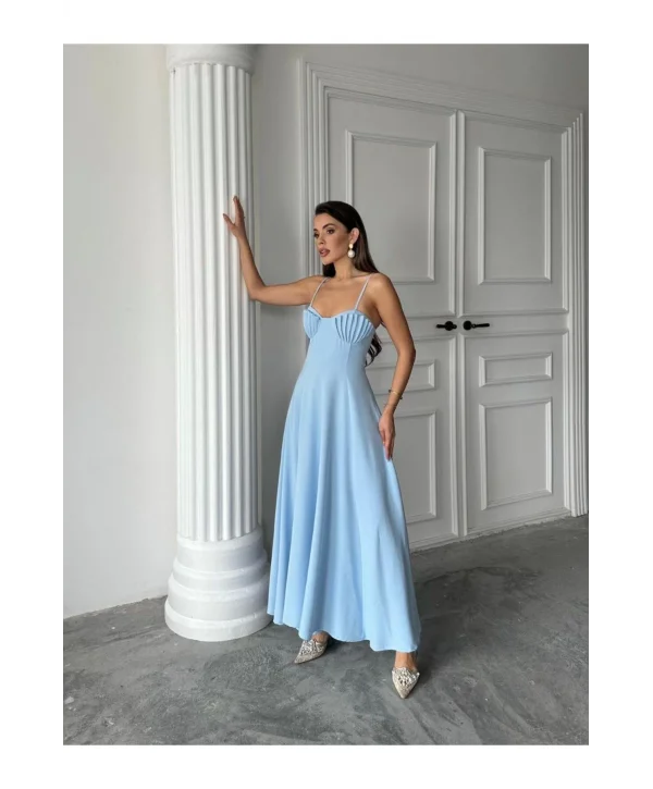 Kadın İstiridye Göğüs Detaylı Uzun Askılı Elbise