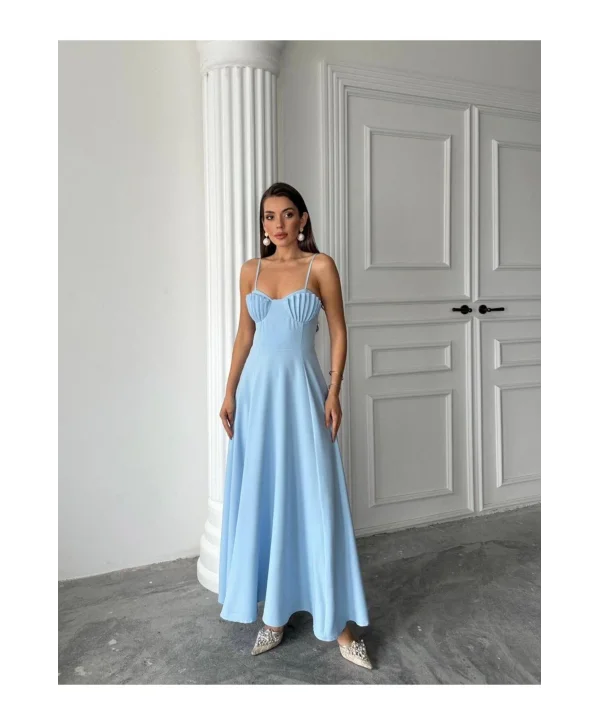 Kadın İstiridye Göğüs Detaylı Uzun Askılı Elbise