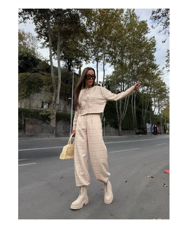 Kadın Kapitone Dokulu Oversize Ceket Pantolon Takım