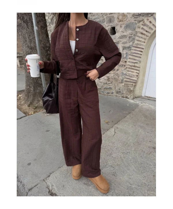 Kadın Kapitone Dokulu Oversize Ceket Pantolon Takım