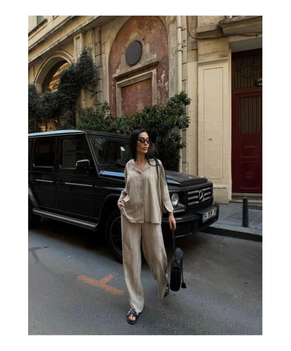 Kadın Keten Gömlekli Pantolon Takım