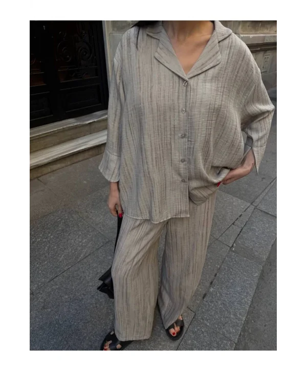 Kadın Keten Gömlekli Pantolon Takım