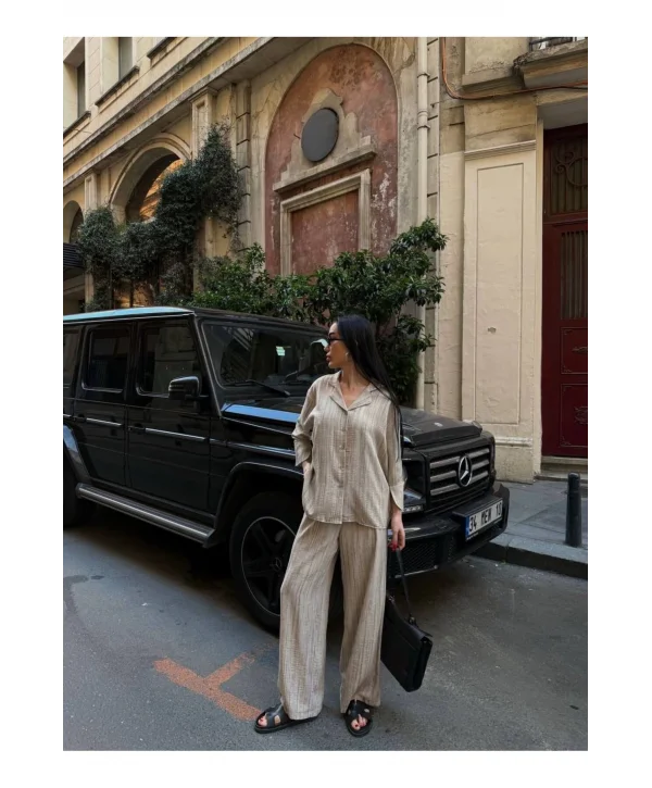 Kadın Keten Gömlekli Pantolon Takım