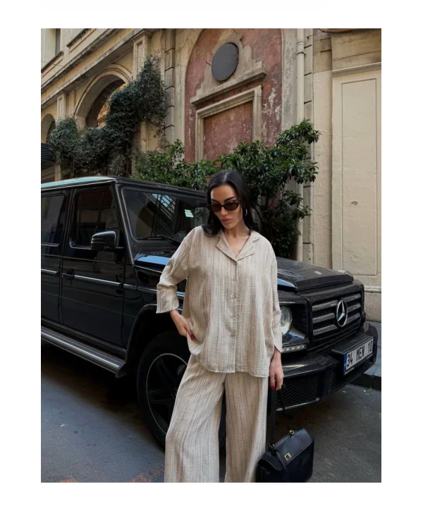 Kadın Keten Gömlekli Pantolon Takım