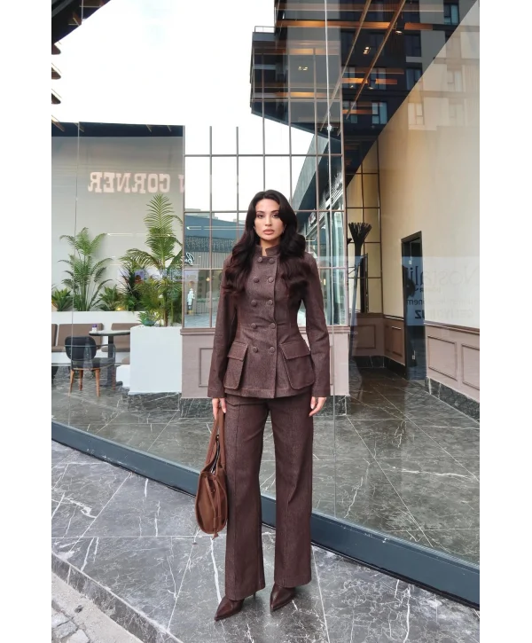 Kadın Koyu Kot Bel Oturtmalı Düğmeli Ceket Pantolon Takım