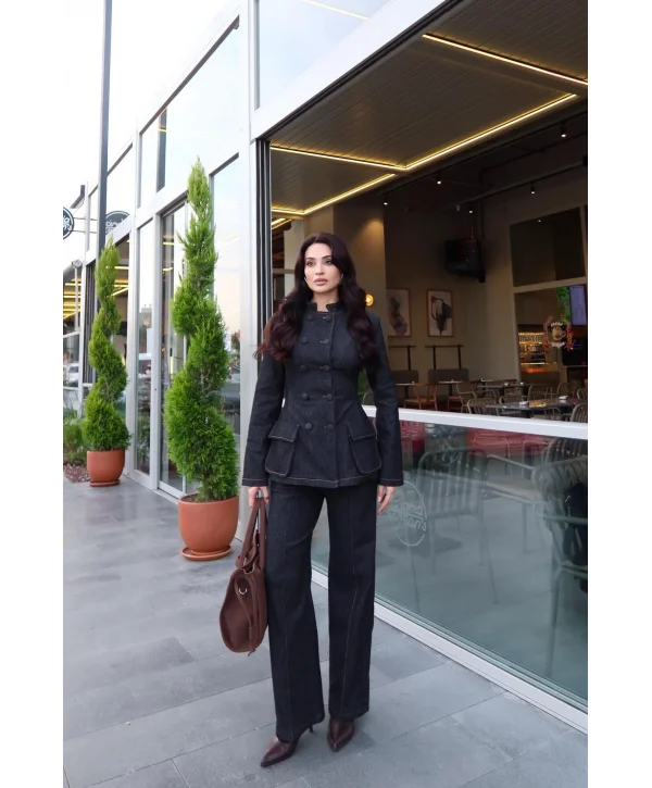 Kadın Koyu Kot Bel Oturtmalı Düğmeli Ceket Pantolon Takım