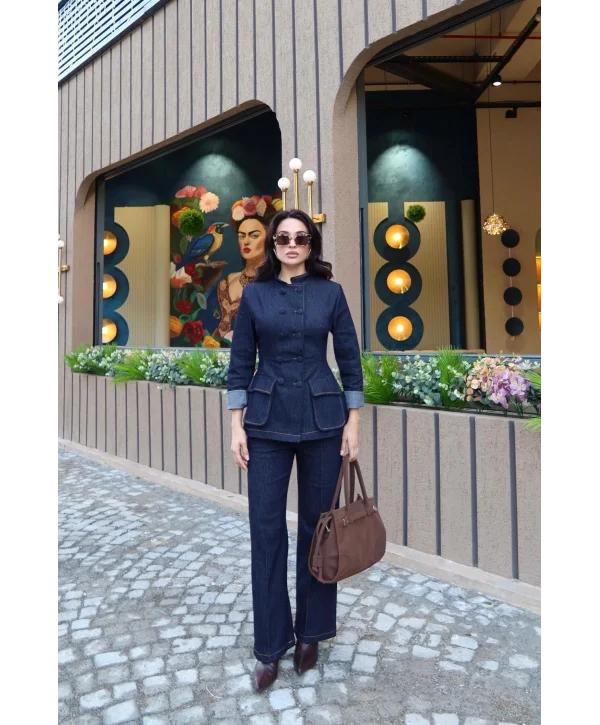 Kadın Koyu Kot Bel Oturtmalı Düğmeli Ceket Pantolon Takım