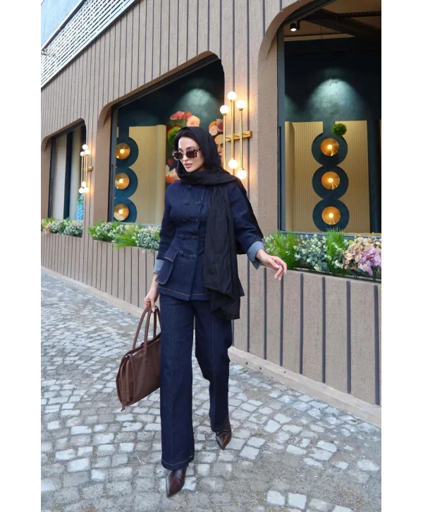 Kadın Koyu Kot Bel Oturtmalı Düğmeli Ceket Pantolon Takım