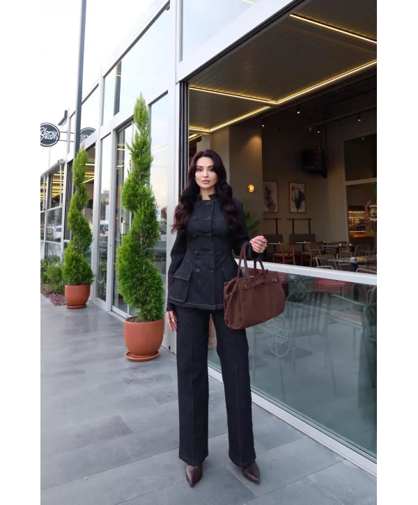 Kadın Koyu Kot Bel Oturtmalı Düğmeli Ceket Pantolon Takım