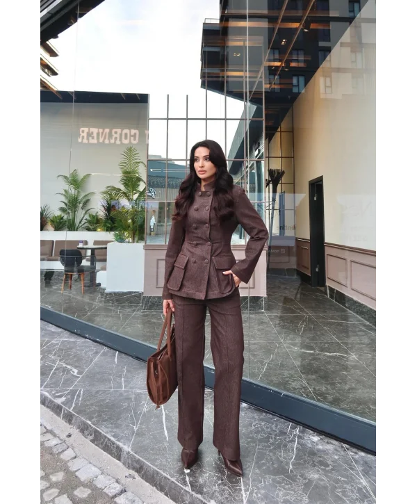 Kadın Koyu Kot Bel Oturtmalı Düğmeli Ceket Pantolon Takım