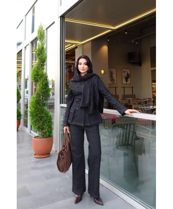 Kadın Koyu Kot Bel Oturtmalı Düğmeli Ceket Pantolon Takım