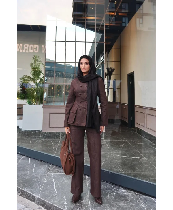 Kadın Koyu Kot Bel Oturtmalı Düğmeli Ceket Pantolon Takım