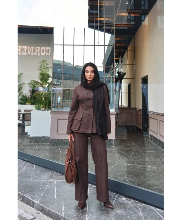 Kadın Koyu Kot Bel Oturtmalı Düğmeli Ceket Pantolon Takım