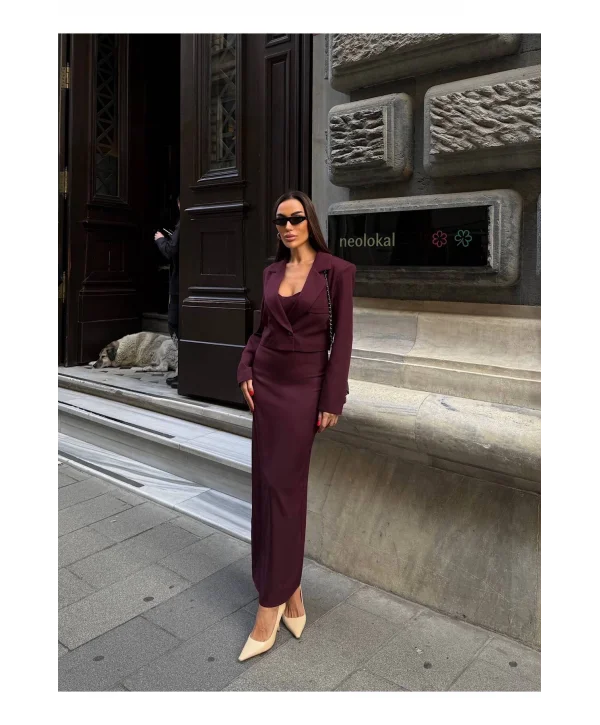 Kadın Kruvaze Detaylı Sırt Çapraz Askılı Elbise Ceket Takımı