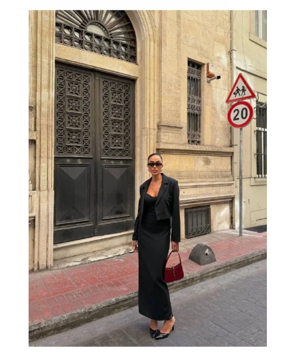 Kadın Kruvaze Detaylı Sırt Çapraz Askılı Elbise Ceket Takımı