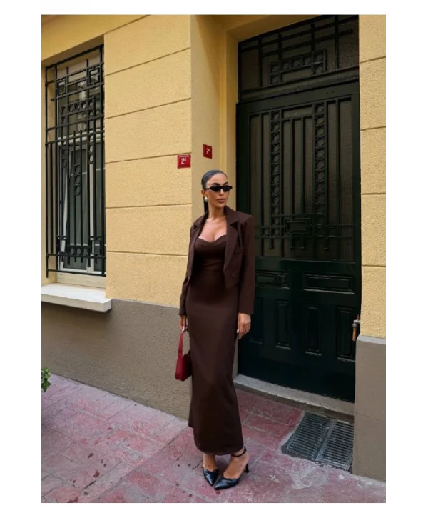 Kadın Kruvaze Detaylı Sırt Çapraz Askılı Elbise Ceket Takımı