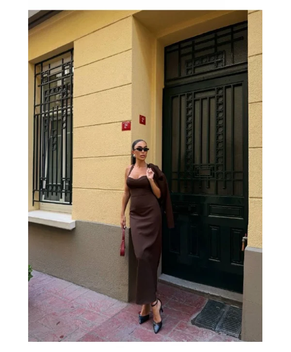 Kadın Kruvaze Detaylı Sırt Çapraz Askılı Elbise Ceket Takımı