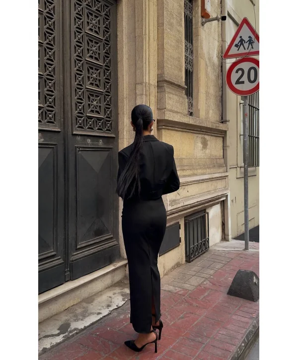 Kadın Kruvaze Detaylı Sırt Çapraz Askılı Elbise Ceket Takımı