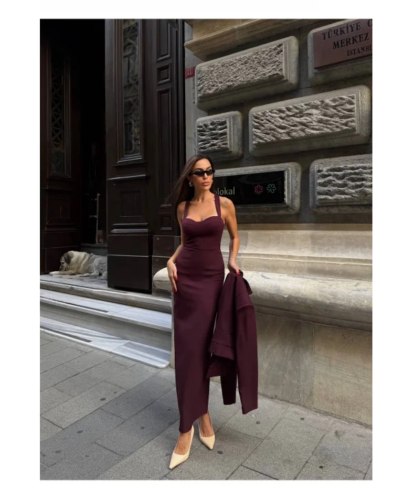 Kadın Kruvaze Detaylı Sırt Çapraz Askılı Elbise Ceket Takımı