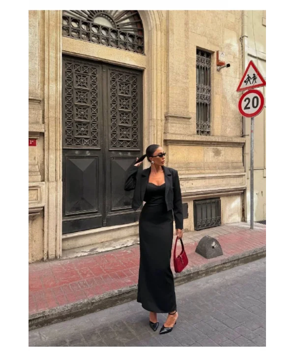 Kadın Kruvaze Detaylı Sırt Çapraz Askılı Elbise Ceket Takımı