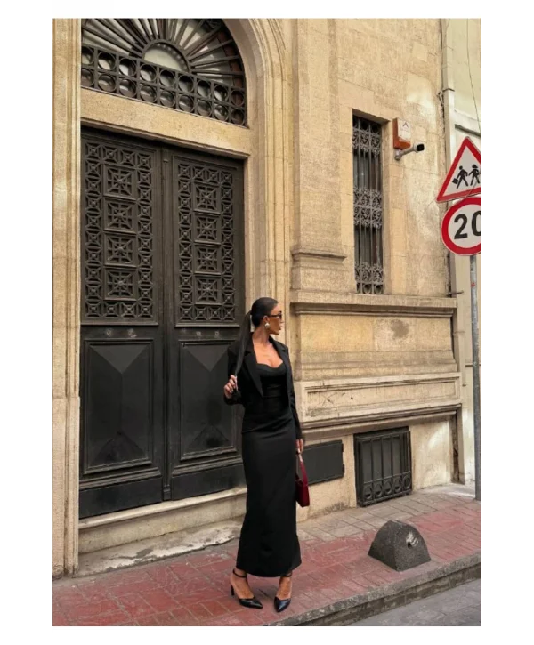 Kadın Kruvaze Detaylı Sırt Çapraz Askılı Elbise Ceket Takımı