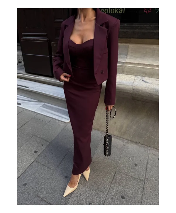 Kadın Kruvaze Detaylı Sırt Çapraz Askılı Elbise Ceket Takımı