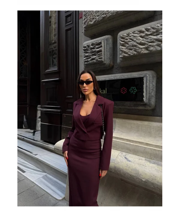 Kadın Kruvaze Detaylı Sırt Çapraz Askılı Elbise Ceket Takımı