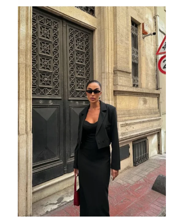 Kadın Kruvaze Detaylı Sırt Çapraz Askılı Elbise Ceket Takımı