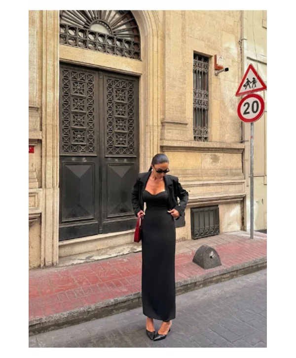 Kadın Kruvaze Detaylı Sırt Çapraz Askılı Elbise Ceket Takımı