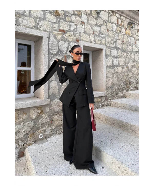 Kadın Modern Tasarım Şal Detaylı Pantolon Ceket Takımı