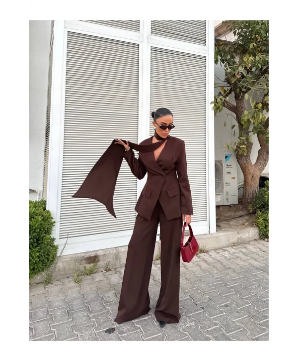 Kadın Modern Tasarım Şal Detaylı Pantolon Ceket Takımı