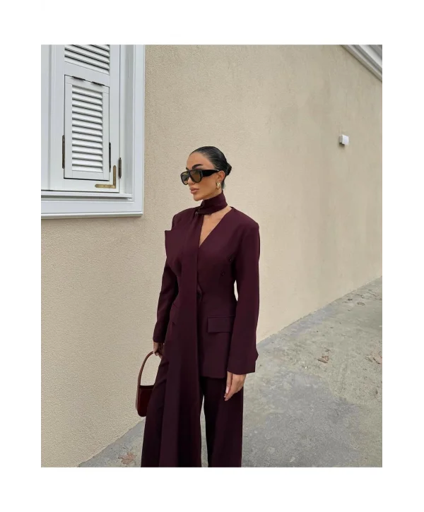 Kadın Modern Tasarım Şal Detaylı Pantolon Ceket Takımı