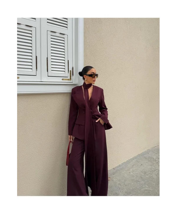 Kadın Modern Tasarım Şal Detaylı Pantolon Ceket Takımı