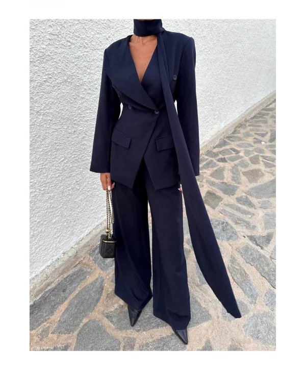 Kadın Modern Tasarım Şal Detaylı Pantolon Ceket Takımı