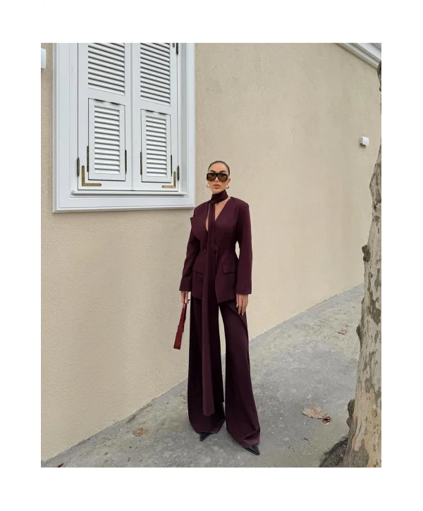 Kadın Modern Tasarım Şal Detaylı Pantolon Ceket Takımı