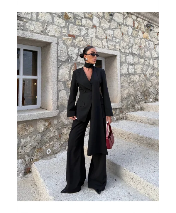 Kadın Modern Tasarım Şal Detaylı Pantolon Ceket Takımı