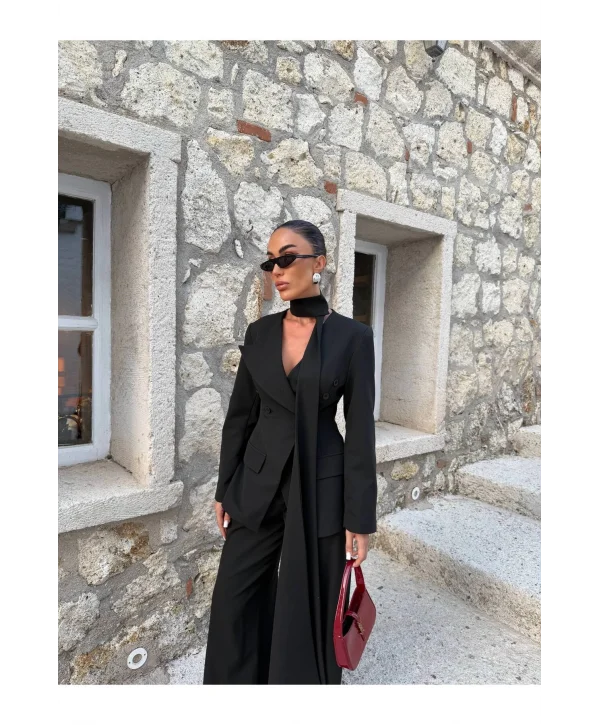 Kadın Modern Tasarım Şal Detaylı Pantolon Ceket Takımı