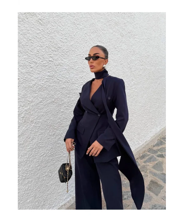 Kadın Modern Tasarım Şal Detaylı Pantolon Ceket Takımı