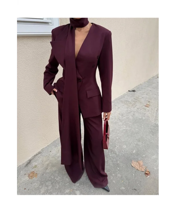 Kadın Modern Tasarım Şal Detaylı Pantolon Ceket Takımı