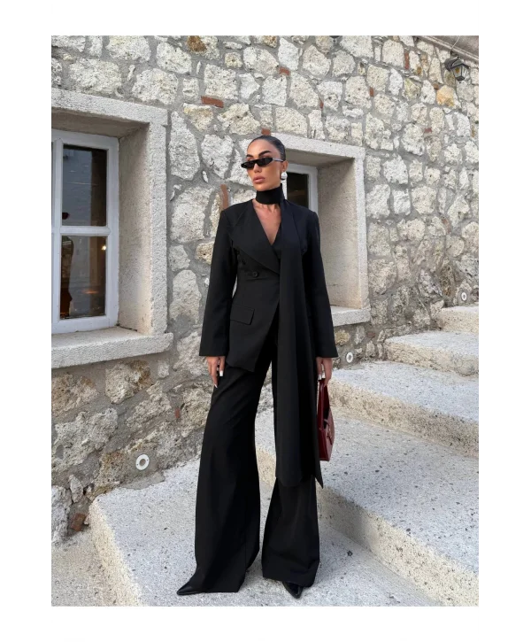 Kadın Modern Tasarım Şal Detaylı Pantolon Ceket Takımı