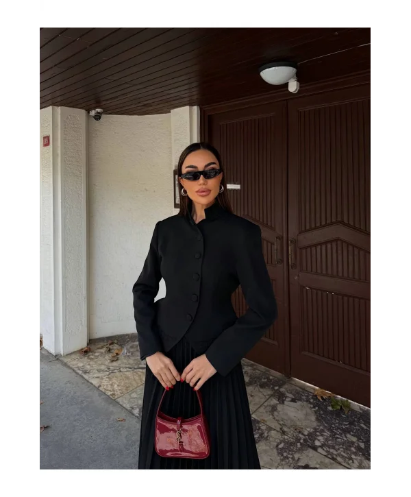 Kadın Nakış Detaylı Bel Oturtmalı Düğmeli Ceket & Pliseli Uzun Etek Takım