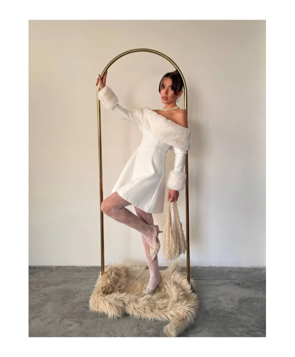 Kadın Omzu Açık Kürk Detaylı A-Kesim Mini Elbise